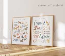 Animal Alphabet & Numbers Print Set, Educational Prints, Scandi Nursery, Playroom Kids Art - thumbnail 1