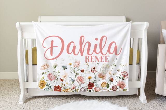 Wildflower Personalized Baby Blanket, Custom Shower Gift, Nursery Crib Hospital, Car Blanket - image 1