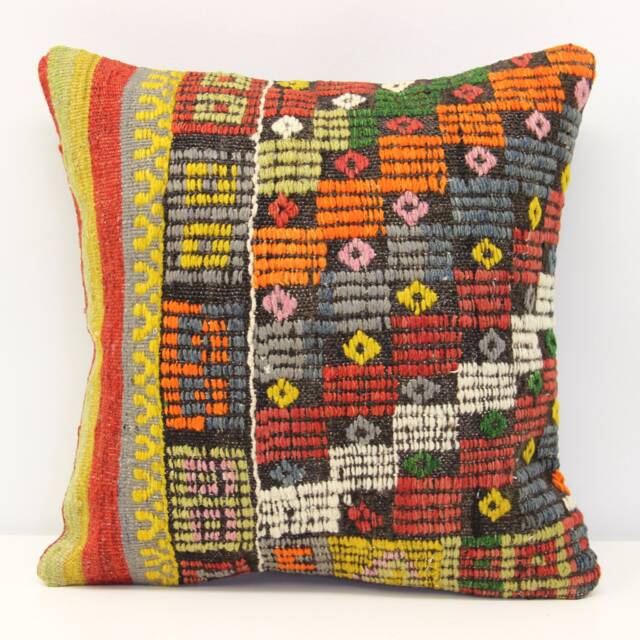 Boho Kilim Pillow Cover 16x16 Retro Home Decor, Natural Dye - image 1