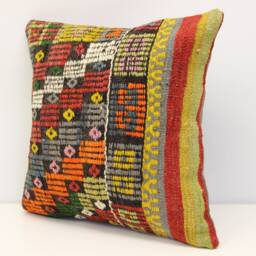 Boho Kilim Pillow Cover 16x16 Retro Home Decor, Natural Dye - thumbnail 3