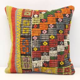 Boho Kilim Pillow Cover 16x16 Retro Home Decor, Natural Dye - thumbnail 1