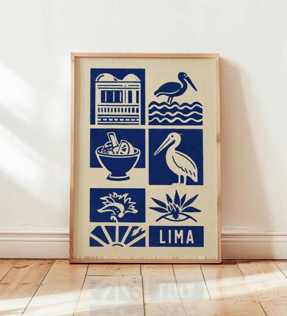 Lima Linocut Art Print, Modern Peruvian Poster, Minimalist Travel Wall Art, Blue & Beige City Boho Latin America Decor - image 1