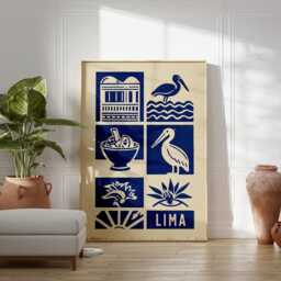 Lima Linocut Art Print, Modern Peruvian Poster, Minimalist Travel Wall Art, Blue & Beige City Boho Latin America Decor - thumbnail 3