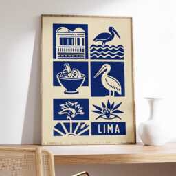 Lima Linocut Art Print, Modern Peruvian Poster, Minimalist Travel Wall Art, Blue & Beige City Boho Latin America Decor - thumbnail 2