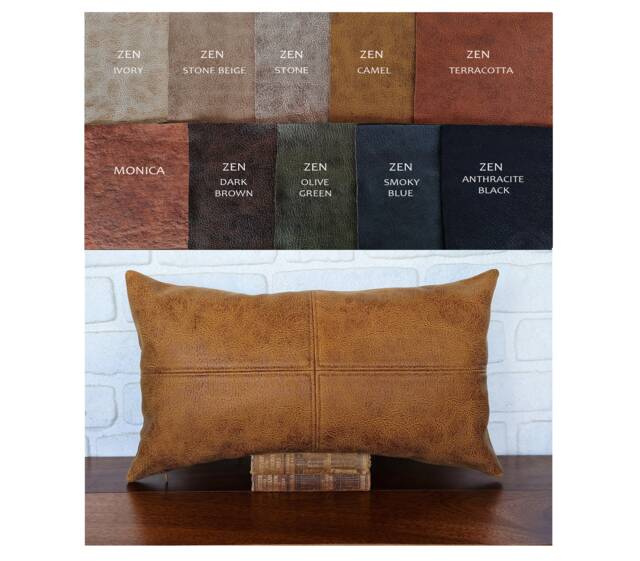 stitched Vegan Leather Lumbar Pillow Cover Zen Camel, Rustic Decor - image 1