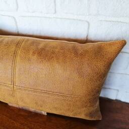 stitched Vegan Leather Lumbar Pillow Cover Zen Camel, Rustic Decor - thumbnail 3