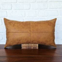 stitched Vegan Leather Lumbar Pillow Cover Zen Camel, Rustic Decor - thumbnail 2