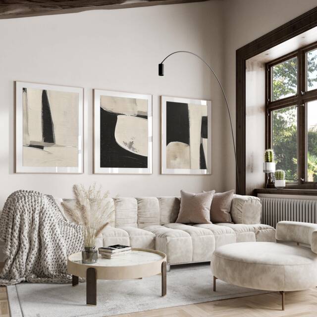Set Of 3, Geometric Abstract Art, Black Neutral Beige, Living Room Wall Art Poster Prints Home Decor, A5, A4, A3 A2 A1 Sizes, Fast Delivery - image 1