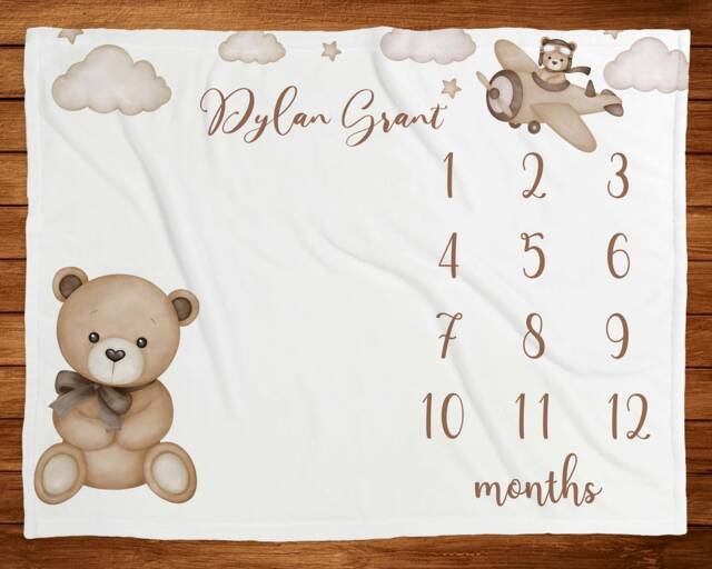 Gender Neutral Milestone Blanket Teddy Bear Clouds Baby Age Beige Vintage Monthly Growth Tracker Boho New Shower Gift - image 1