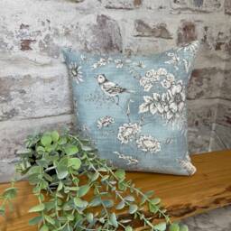 Toile Finch in Delft Blue Scatter Cushion By Berry & Grouse - Zip Opening -Feather Case Only Poly Birds Floral Grey Blue Piped - thumbnail 3