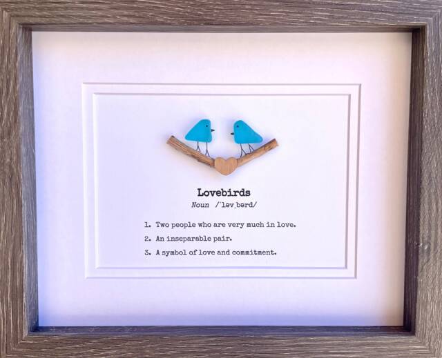 Lovebirds Sea Glass Art Showing Two Birds in Love, Framed 8x10 Valentine's Day Gift, Unique Romantic Artwork - image 1