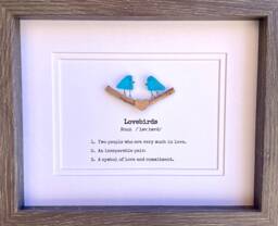 Lovebirds Sea Glass Art Showing Two Birds in Love, Framed 8x10 Valentine's Day Gift, Unique Romantic Artwork - thumbnail 1