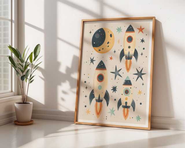 Space Rockets, Nursery Prints, Wall Art, Moon & Stars Boys Nursery, Girls Sage Green Print, Decor - image 1