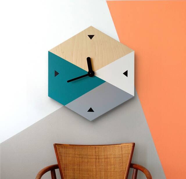 Mid-Century Hexagon Wall Clock Teal Blue & Gray Wooden Art - image 1
