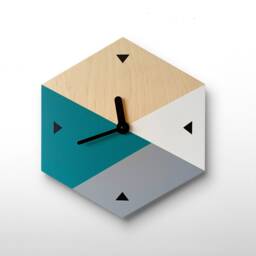 Mid-Century Hexagon Wall Clock Teal Blue & Gray Wooden Art - thumbnail 3