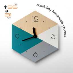 Mid-Century Hexagon Wall Clock Teal Blue & Gray Wooden Art - thumbnail 2