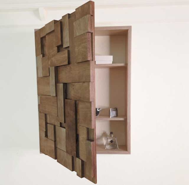 Rustic Wood Wall Art Hidden Storage Shelving, Birch Plywood Mosaic - image 1