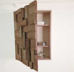 Rustic Wood Wall Art Hidden Storage Shelving, Birch Plywood Mosaic - thumbnail 1