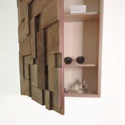 Rustic Wood Wall Art Hidden Storage Shelving, Birch Plywood Mosaic - thumbnail 3