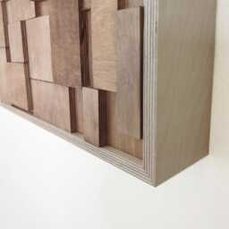 Rustic Wood Wall Art Hidden Storage Shelving, Birch Plywood Mosaic - thumbnail 4