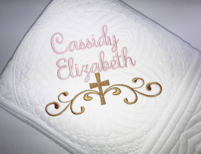 Personalized Baby Girl Baptism Quilt, Cross Heirloom Keepsake Blanket - image 1