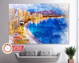 Hawaii Skyline, Bay, Canvas Art, Wall Print, Canvas, Poster, Photo, Decor - thumbnail 1