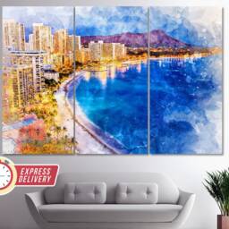 Hawaii Skyline, Bay, Canvas Art, Wall Print, Canvas, Poster, Photo, Decor - thumbnail 3
