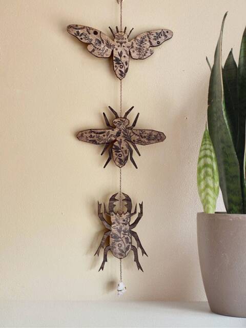 Walnut Insect Garland Engraved Birch Wood Bug Wall Hanging - image 1