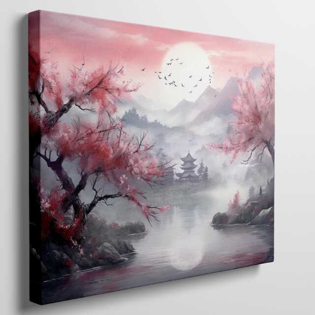 Cherry Blossom Landscape Canvas Print Oriental Bedroom Art - image 1