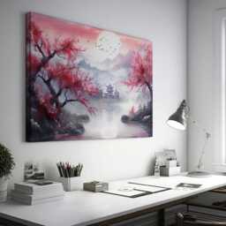 Cherry Blossom Landscape Canvas Print Oriental Bedroom Art - thumbnail 2
