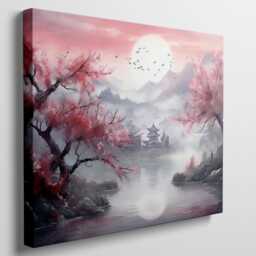 Cherry Blossom Landscape Canvas Print Oriental Bedroom Art - thumbnail 1