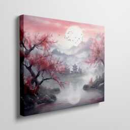 Cherry Blossom Landscape Canvas Print Oriental Bedroom Art - thumbnail 3
