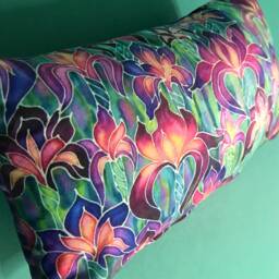 Pink Purple Green Iris Flower Settee Sofa Cushion in Vibrant Colours - Decorative Accent Throw Couch - thumbnail 2