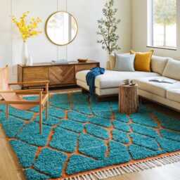Blue Orange Diamond Moroccan Rug - Shag Berber Area Hand Tufted Tribal Carpet Boho Living Room Decor - thumbnail 2