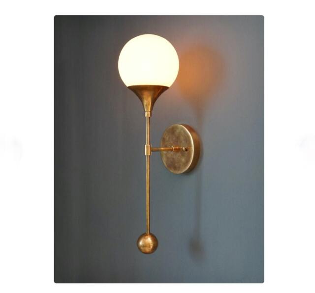 Mid Century Brass Sconce, Trumpet Glass Globe Wall Light - image 1