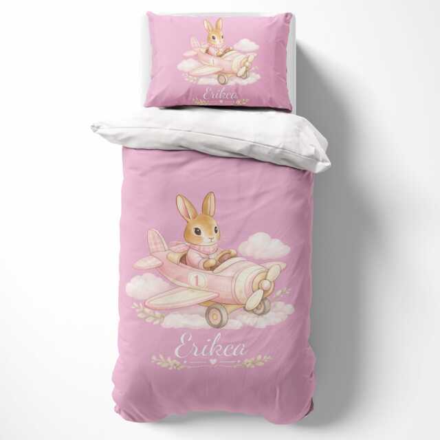 Personalised Pink Bunny Plane Single Duvet Cover Custom Name Colour Cute Cuddly Rabbit Teddy Bear Nursery Baby Shower Keepsake Gift UK - image 1