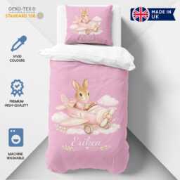 Personalised Pink Bunny Plane Single Duvet Cover Custom Name Colour Cute Cuddly Rabbit Teddy Bear Nursery Baby Shower Keepsake Gift UK - thumbnail 3