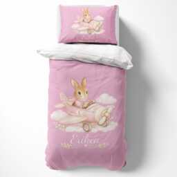 Personalised Pink Bunny Plane Single Duvet Cover Custom Name Colour Cute Cuddly Rabbit Teddy Bear Nursery Baby Shower Keepsake Gift UK