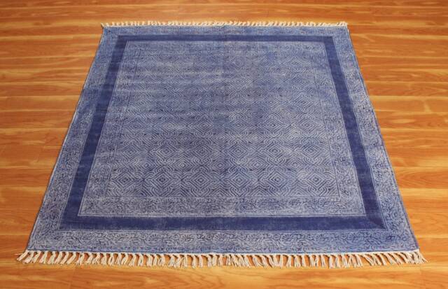 Hand Block Printed Kilim Rug, Blue Cotton Boho Area Rug - image 1