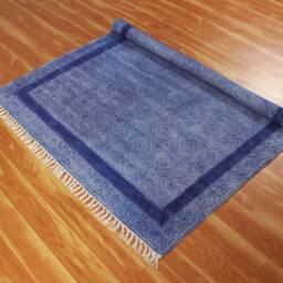 Hand Block Printed Kilim Rug, Blue Cotton Boho Area Rug - thumbnail 4