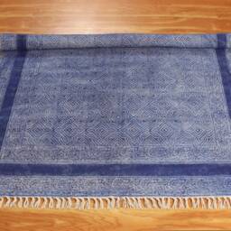 Hand Block Printed Kilim Rug, Blue Cotton Boho Area Rug - thumbnail 3