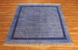 Hand Block Printed Kilim Rug, Blue Cotton Boho Area Rug - thumbnail 1