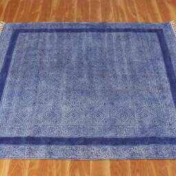 Hand Block Printed Kilim Rug, Blue Cotton Boho Area Rug - thumbnail 2