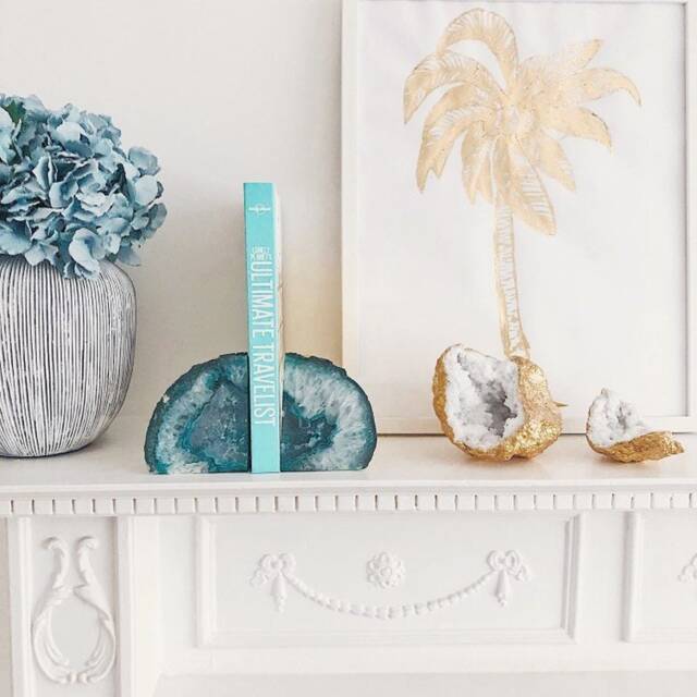 Teal Agate Bookends With Gold Leaf Edge. Handmade Crystal Geode Bookshelf Decoration - image 1