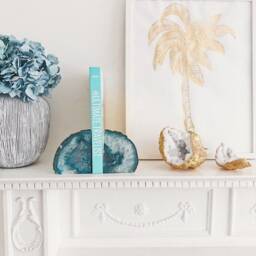 Teal Agate Bookends With Gold Leaf Edge. Handmade Crystal Geode Bookshelf Decoration - thumbnail 1