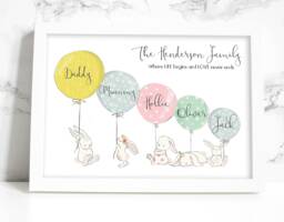 Family Print, Bunny, Balloons, New Home Gift, Couple Engagement Print Framed - thumbnail 1