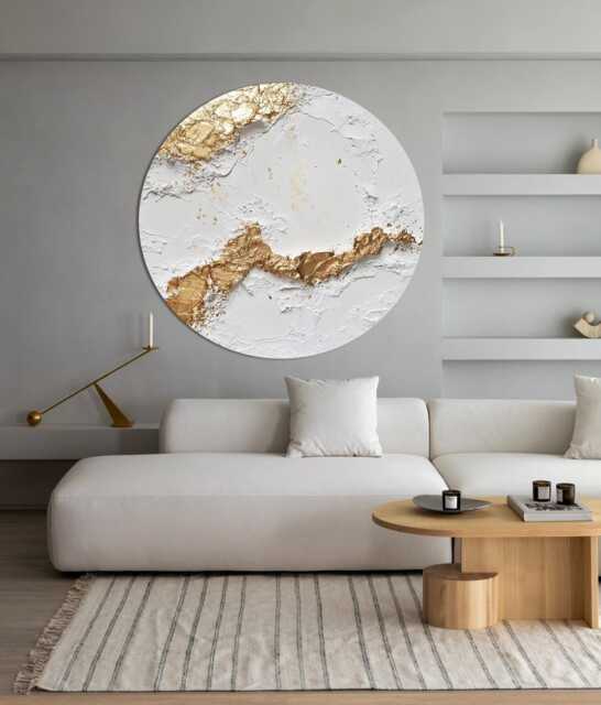 Round Wall Art Gold White Textured Painting Relief Sculpture Plaster Decor Japandi Rich Texture - image 1