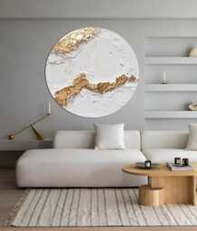 Round Wall Art Gold White Textured Painting Relief Sculpture Plaster Decor Japandi Rich Texture - thumbnail 1