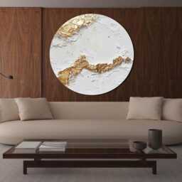 Round Wall Art Gold White Textured Painting Relief Sculpture Plaster Decor Japandi Rich Texture - thumbnail 3