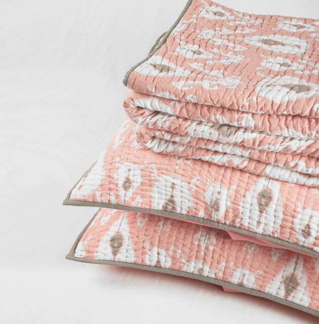 Quilted Bed Set - Coral Ikat Print Cotton Kantha With Stripe Pattern Quilting Sizes Available - image 1
